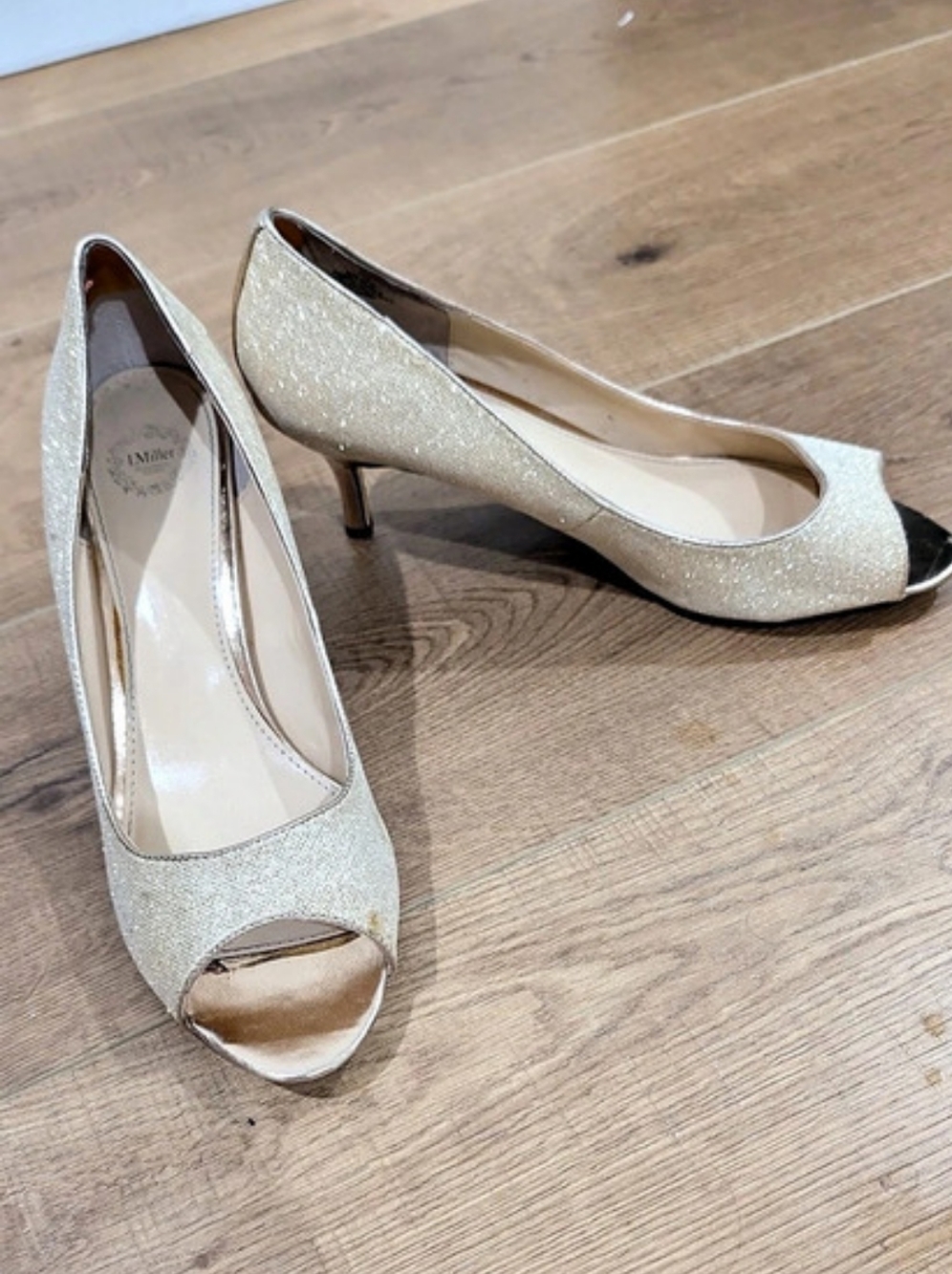 J. Miller Glitter Peep Toe Heels in Gold